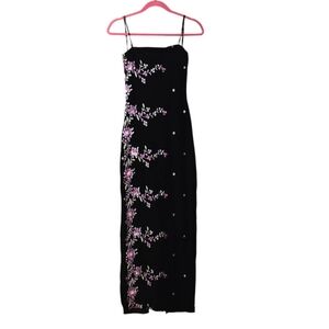 Vintage ROBERTA Small Black Floral Embroidered Velvet Strapless Maxi Dress